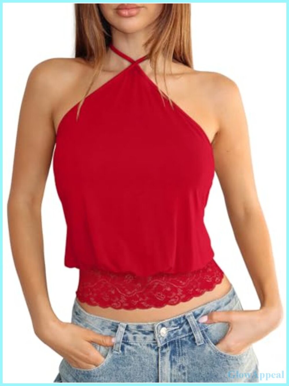 Women's Lace Trim Halter Tank Top Y2K Backless Crop Shirt Club Party